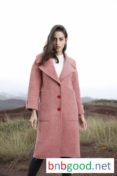 Pink three buckle, square pocket, lady's coat.