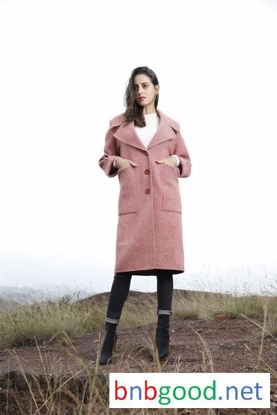 Pink three buckle, square pocket, lady's coat.