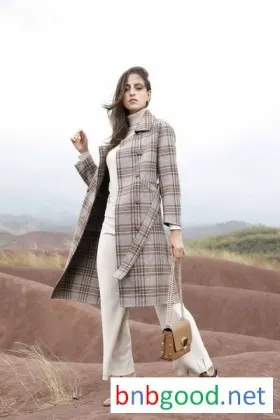 Ladies light brown, checked, long coat