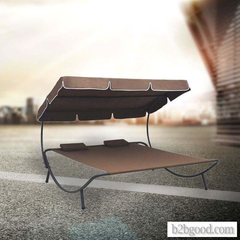 Outdoor Lounge Bed with Canopy and Headrest Pillow, Patio Sunbed Hammock Lounger, Brown